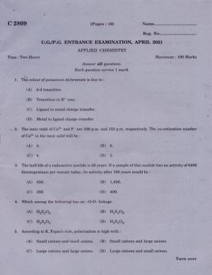 CUCAT 2021 M.Sc. Applied Chemistry & M.Sc Chemistry (Nanoscience) Question Paper