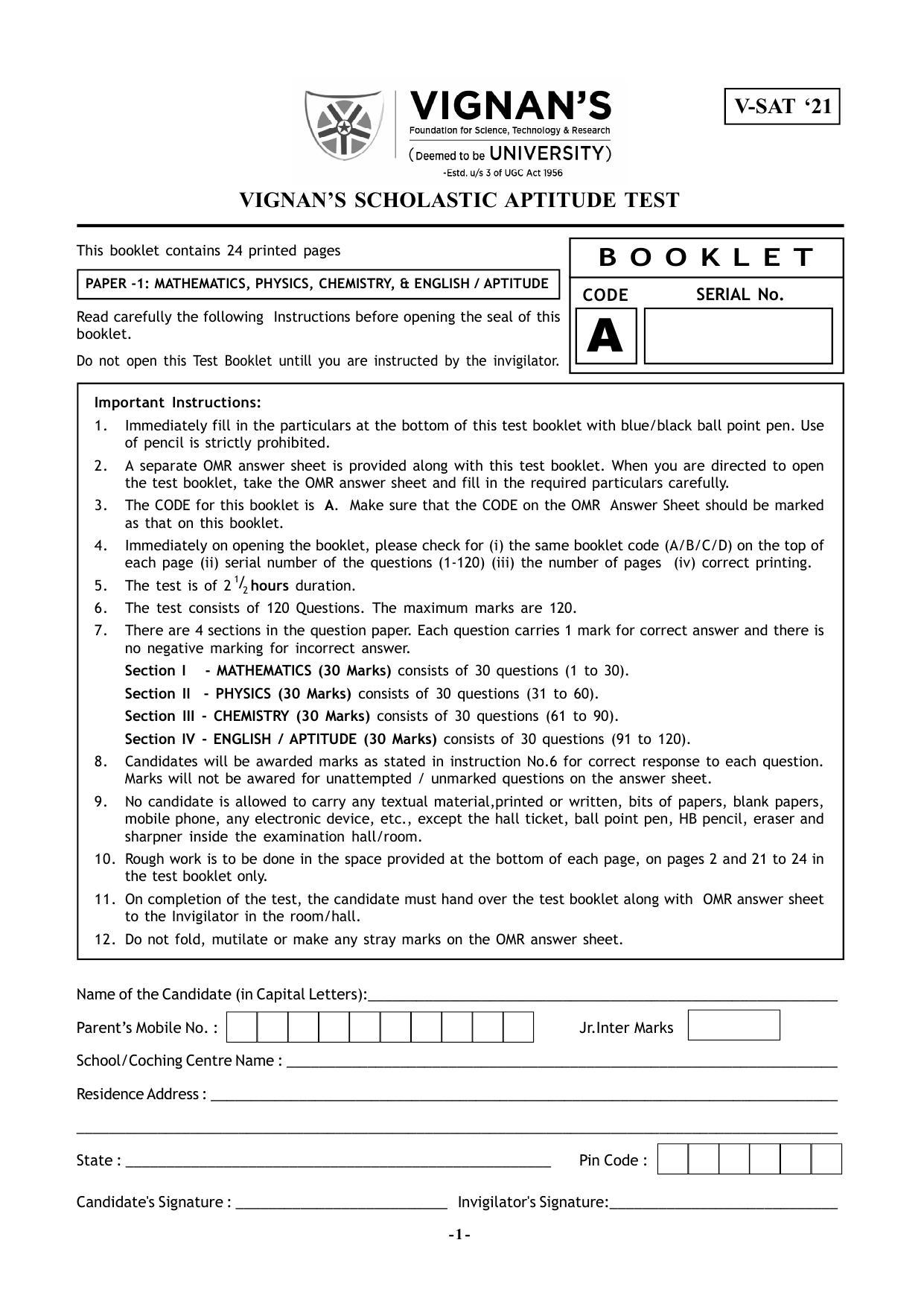 VSAT Exam MPC Sample Question Paper - Page 1