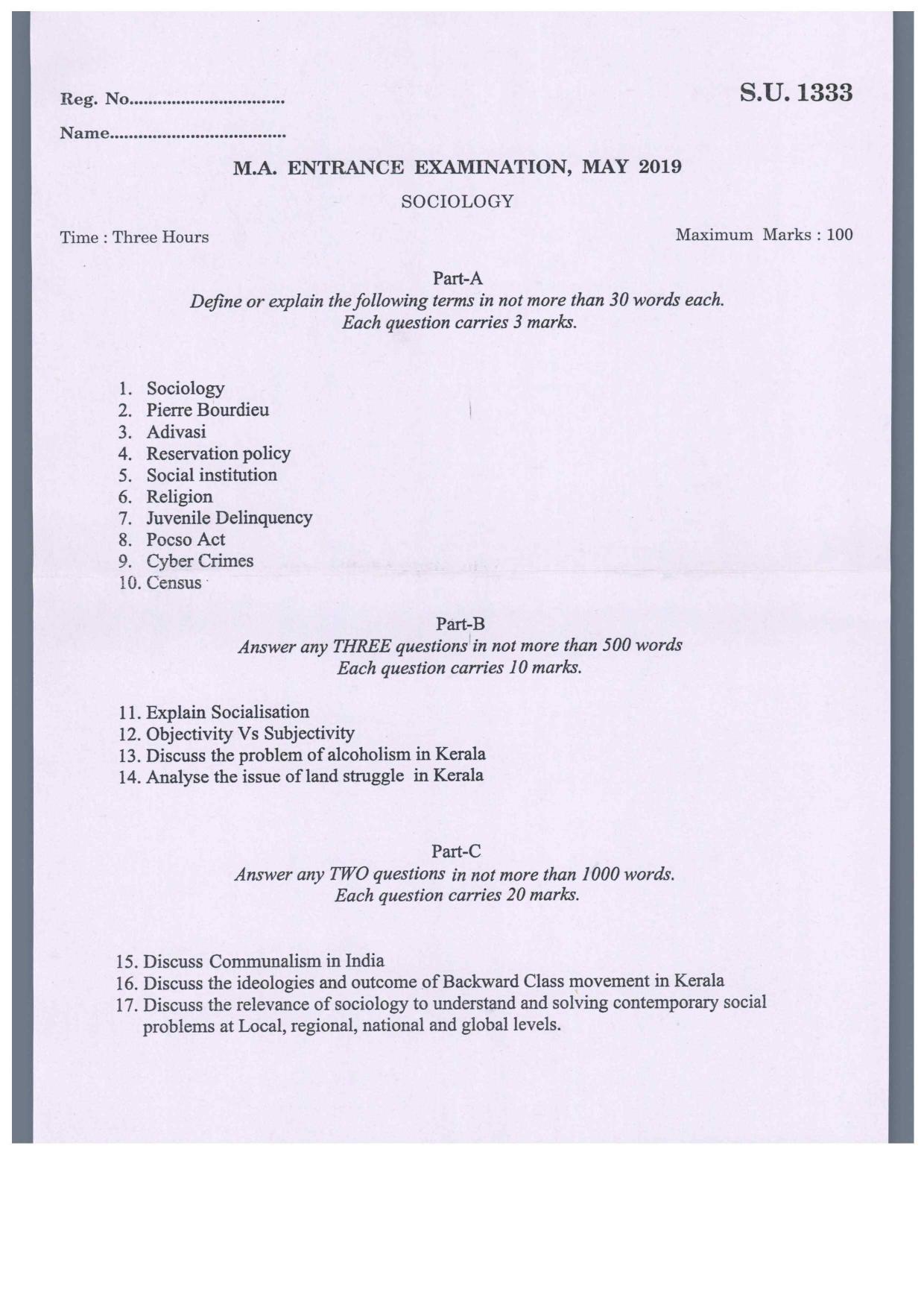 SSUS Entrance Exam SOCIOLOGY 2019 Question Paper - Page 1