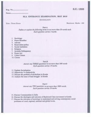 SSUS Entrance Exam SOCIOLOGY 2019 Question Paper