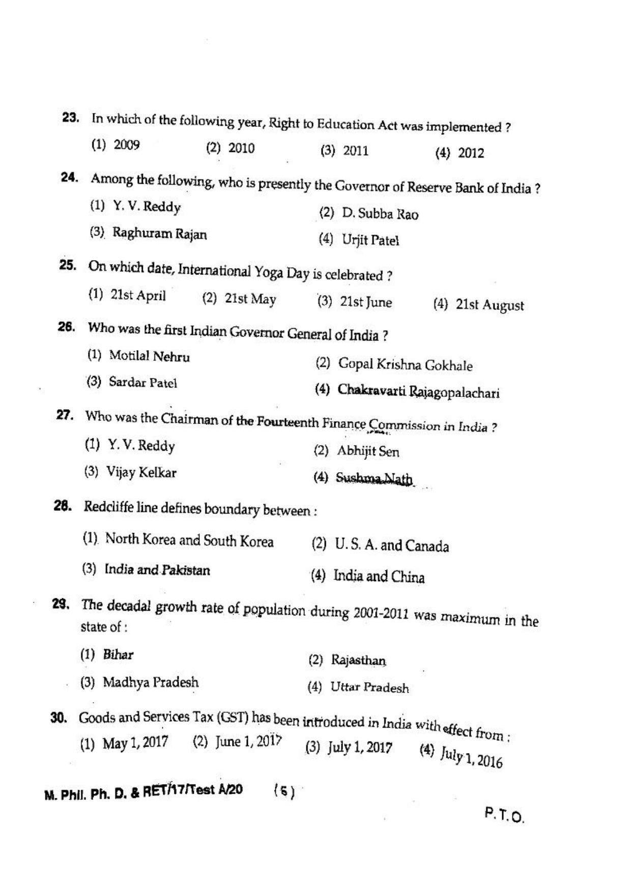 BHU RET(Agriculture) M.Phil.Ph.D & RET-17-TEST A-20  2017 Question Paper - Page 7