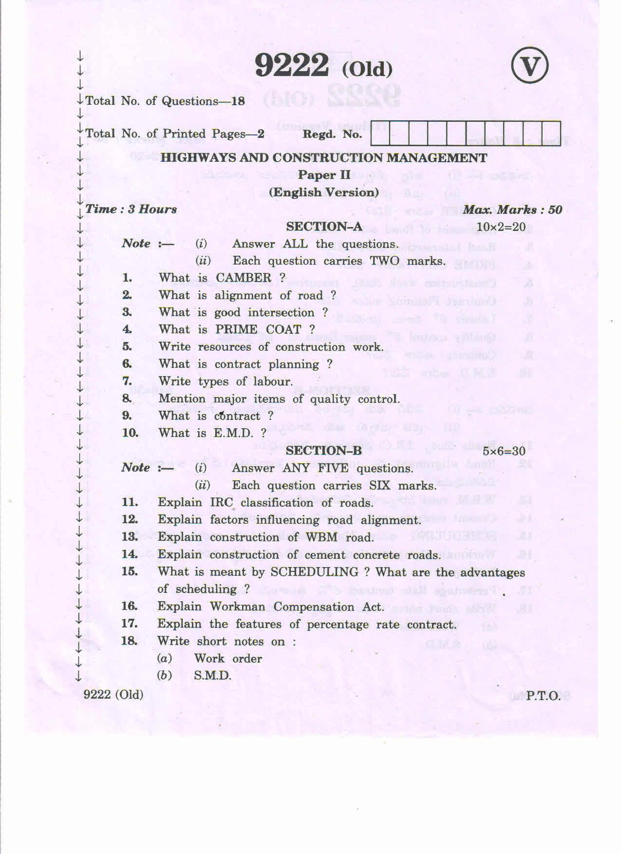 AP Inter 2nd Year Vocational Question Paper March - 2020 - Highways Construction Management- II (old) - Page 1