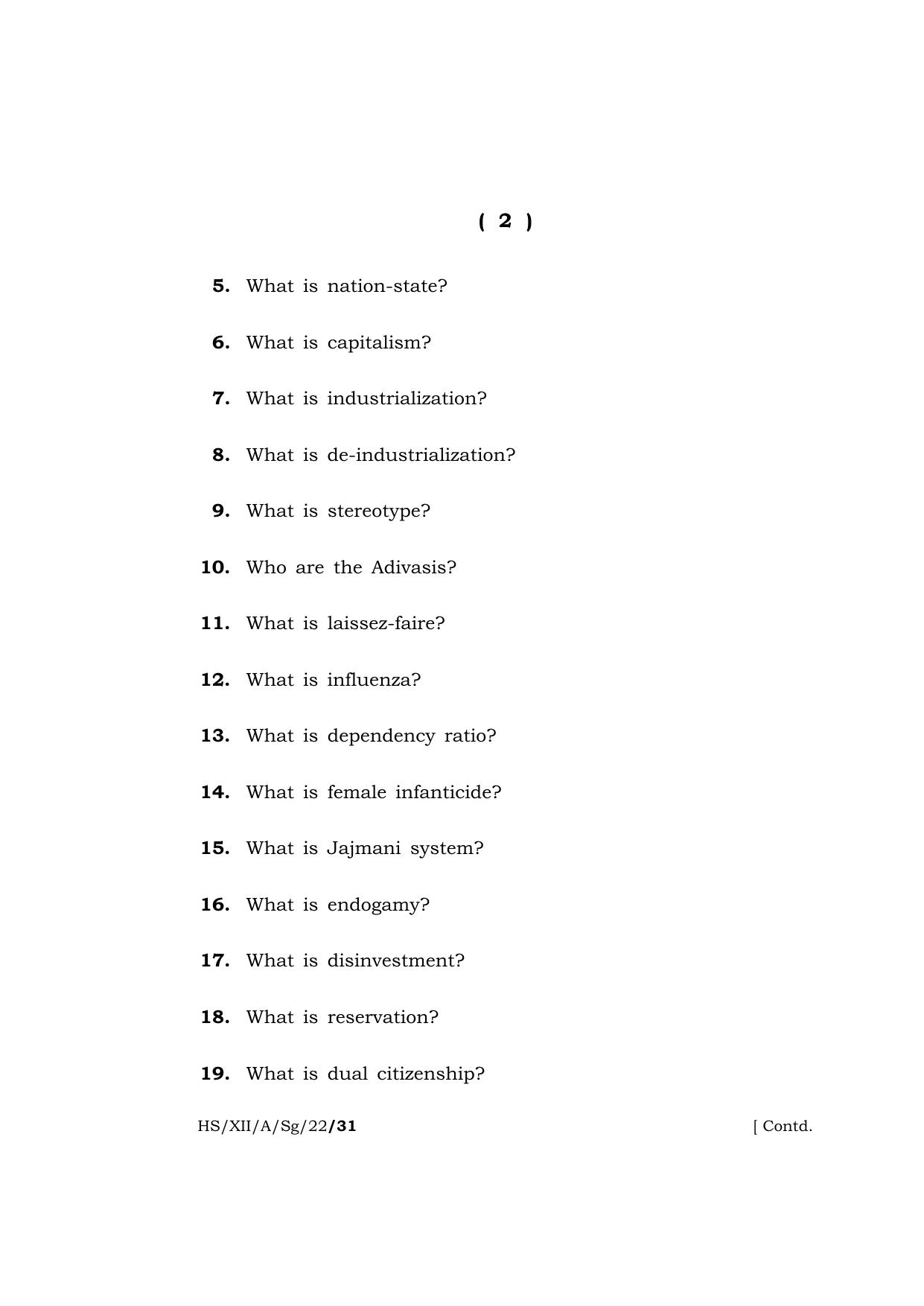 Meghalaya Board (MBOSE) Class 12 SOCIOLOGY  (HS-XII-A-Sg-22) 2022 Question Paper - Page 2