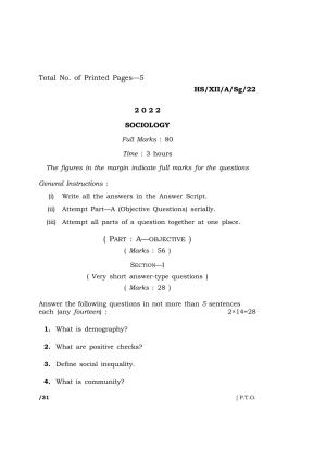 Meghalaya Board (MBOSE) Class 12 SOCIOLOGY  (HS-XII-A-Sg-22) 2022 Question Paper