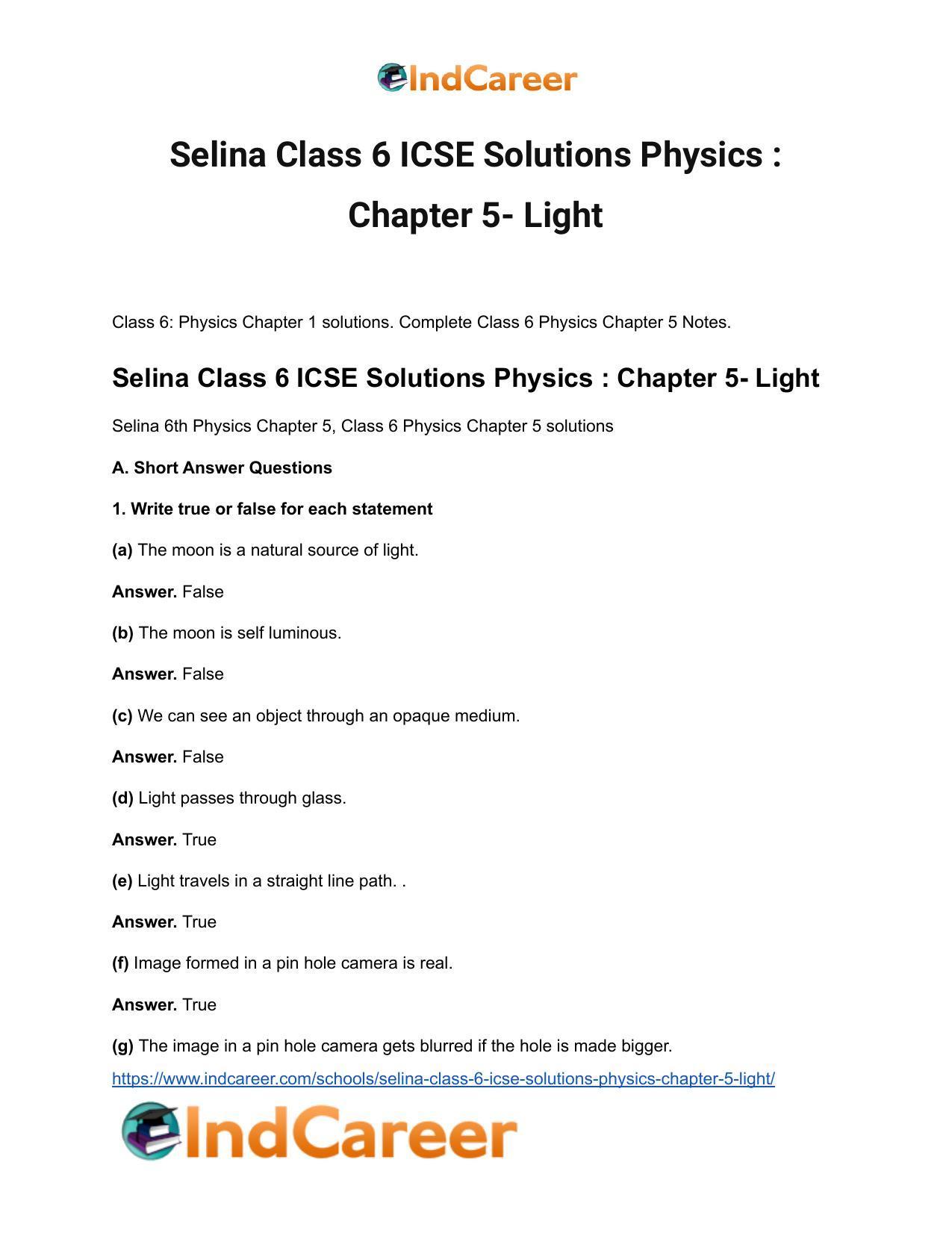Selina Class 6 ICSE Solutions Physics : Chapter 5- Light - Page 2