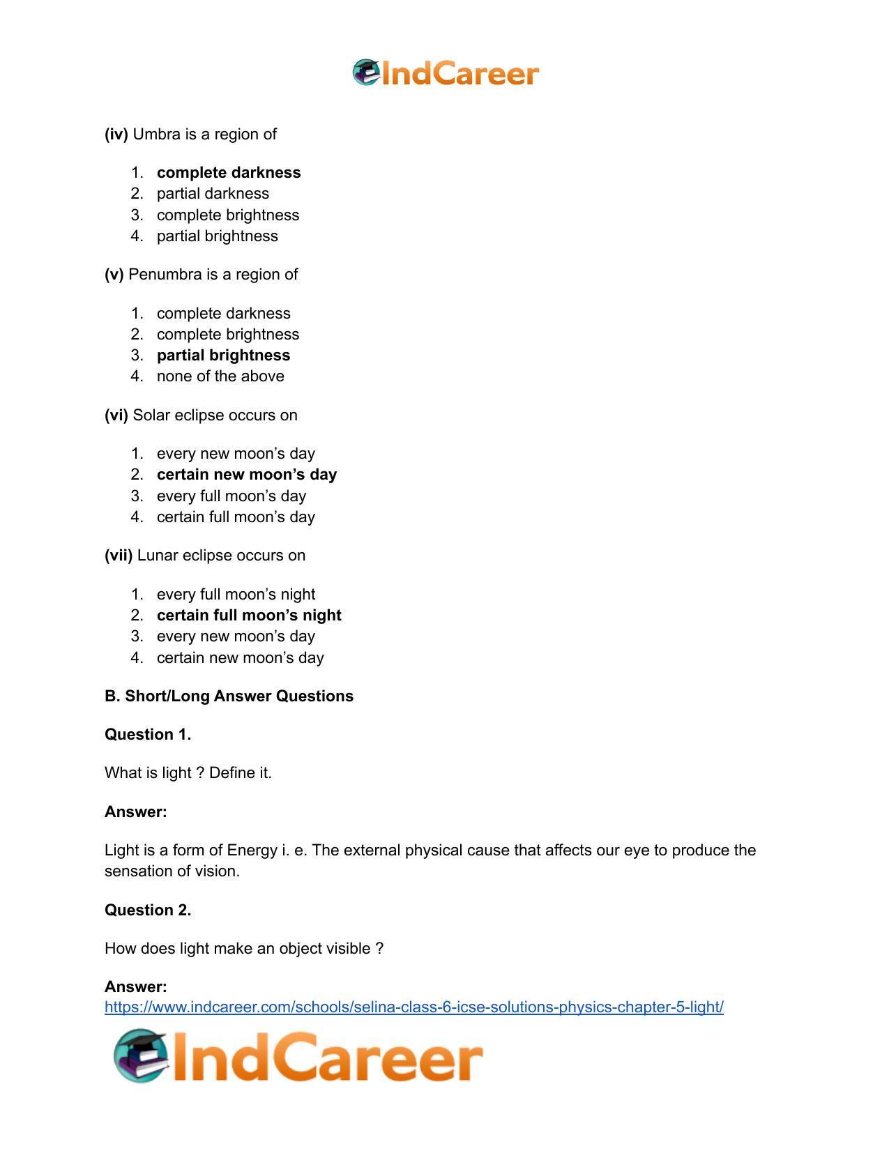 Selina Class 6 ICSE Solutions Physics : Chapter 5- Light - Page 5