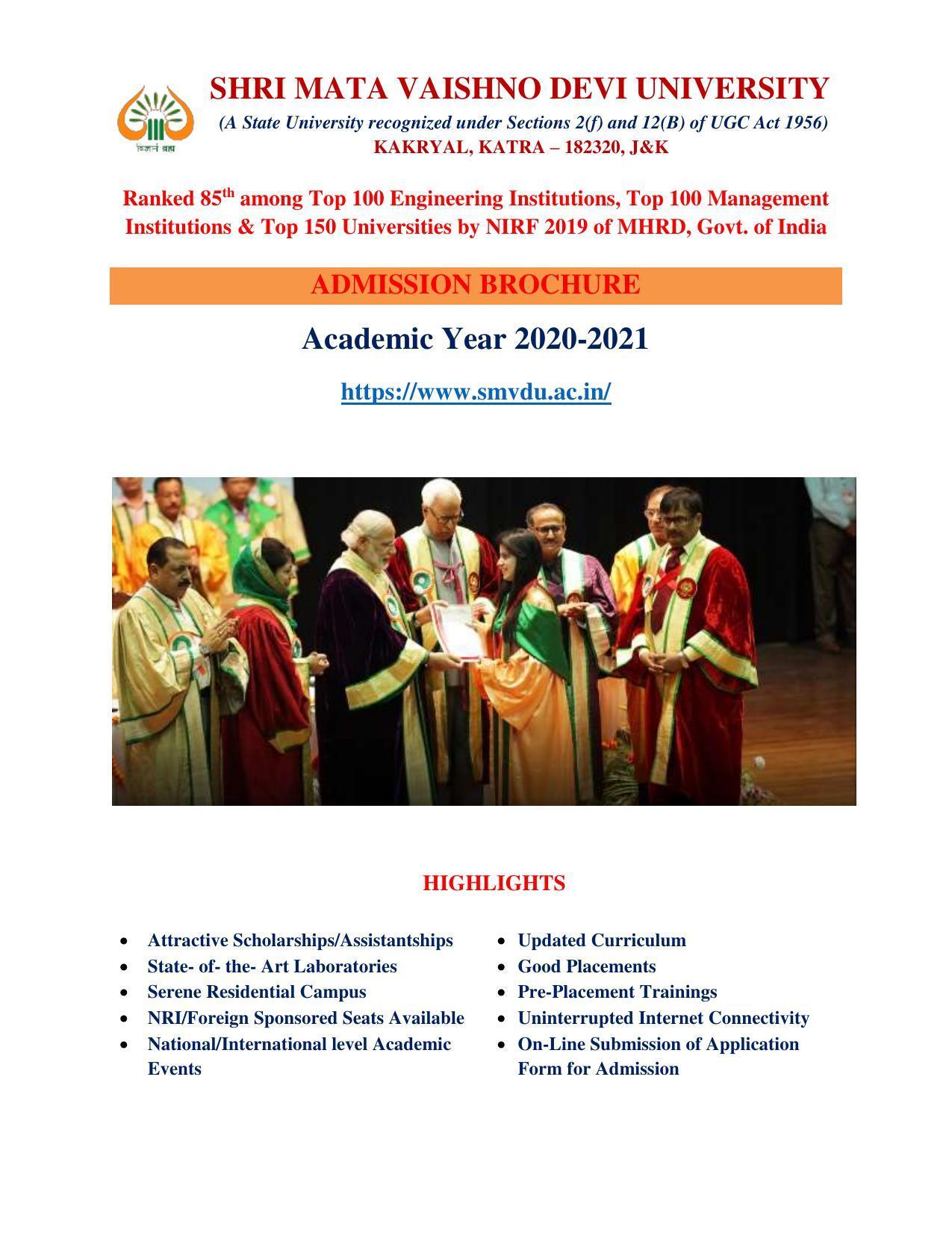 Shri Mata Vaishno Devi University (SMVDU), Katra 2020-21 (Prospectus) - Page 1
