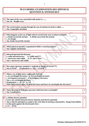 Kerala Plus Two 2021 Physics  Answer Key