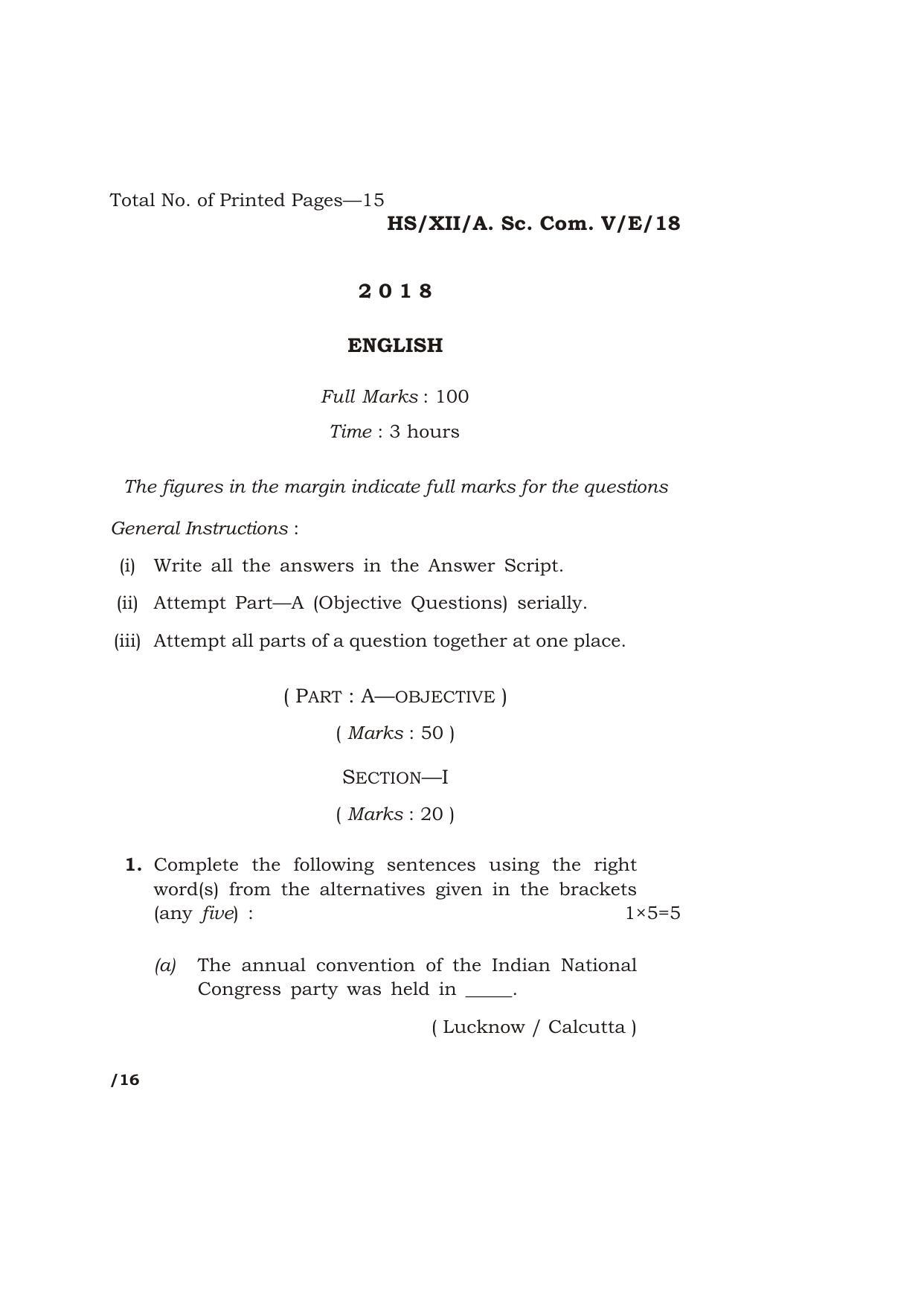 Meghalaya Board (MBOSE) Class 12 ENGLISH 2018 Question Paper - Page 1