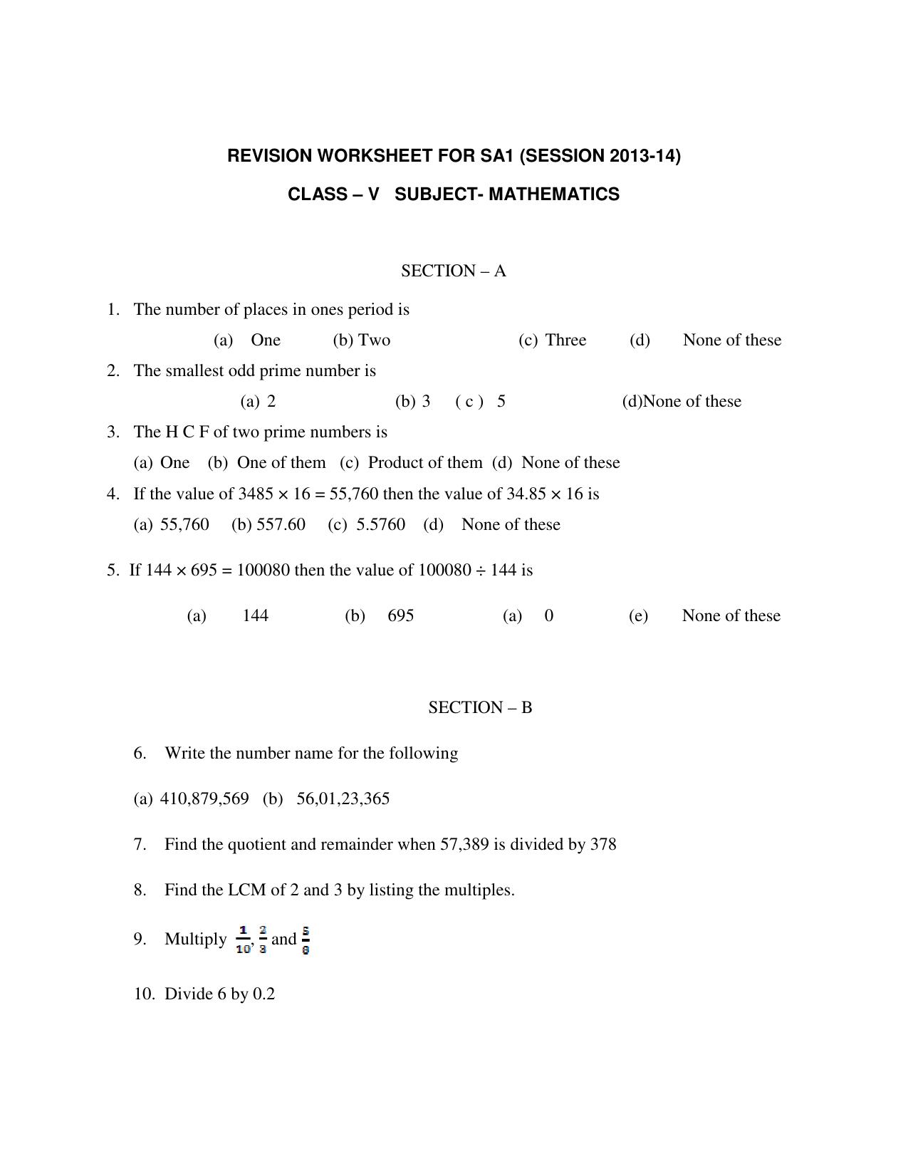 Worksheet for Class 5 Maths Assignment 3 - Page 1