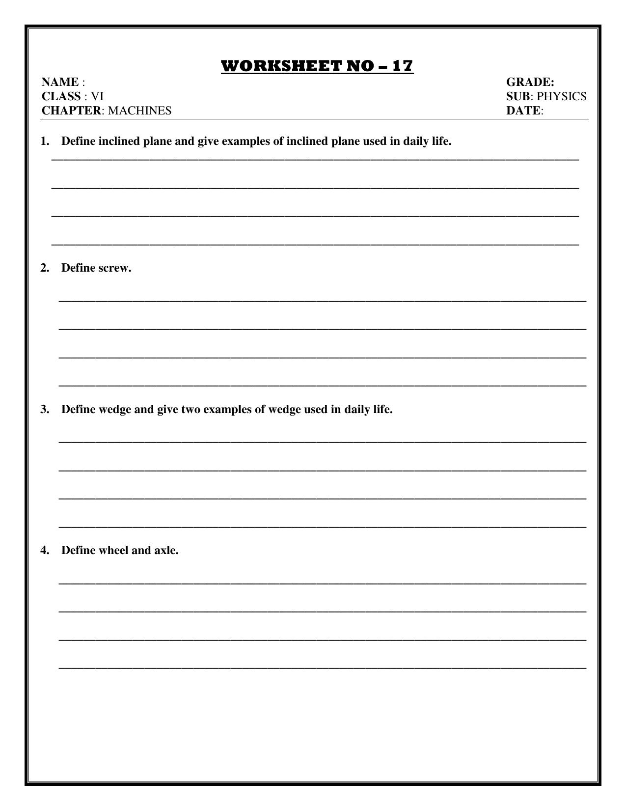 CBSE Worksheets for Class 6 Physics Machines Assignment 5 - Page 1