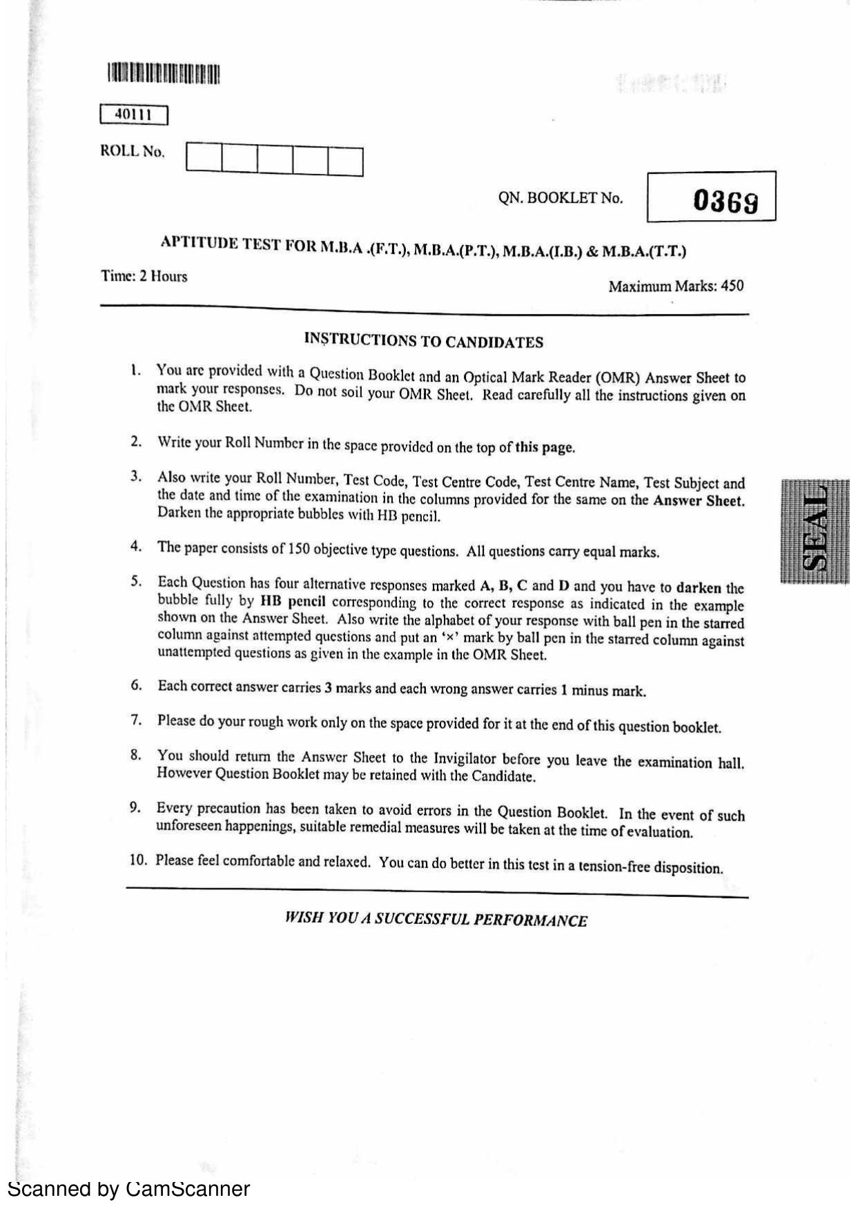 CUSAT CAT 2011 MBA Question Paper - Page 1