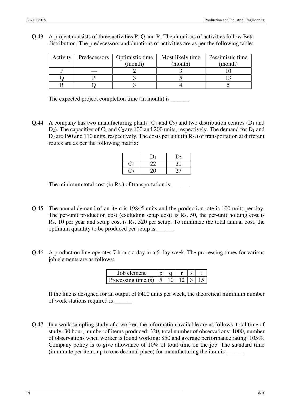 GATE 2018 Production and Industrial Engineering (PI) Question Paper with Answer Key - Page 11
