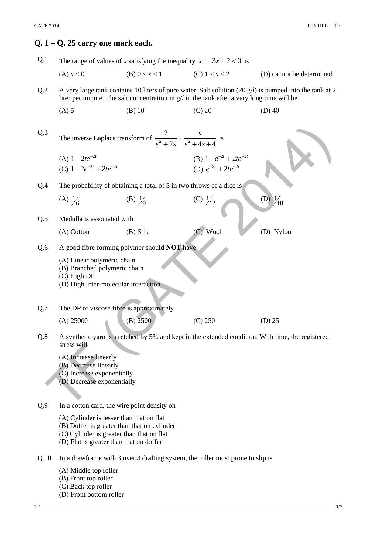 GATE 2014 Textile Engineering and Fibre Science (TF) Question Paper with Answer Key - Page 7