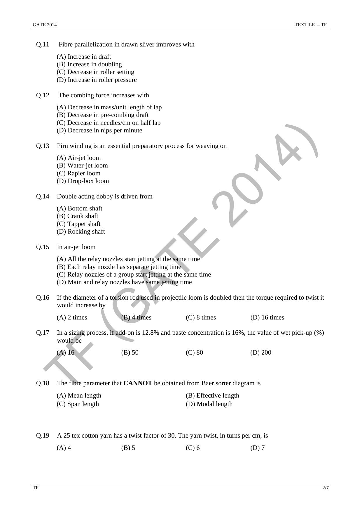 GATE 2014 Textile Engineering and Fibre Science (TF) Question Paper with Answer Key - Page 8