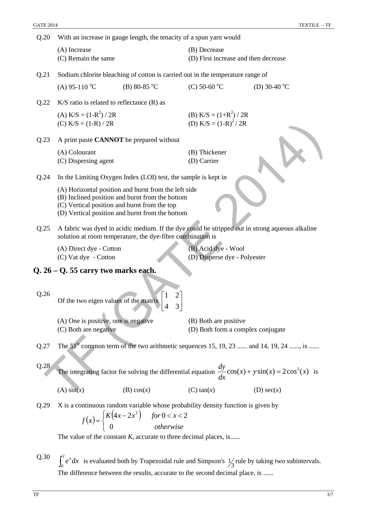 GATE 2014 Textile Engineering and Fibre Science (TF) Question Paper with Answer Key - Page 9