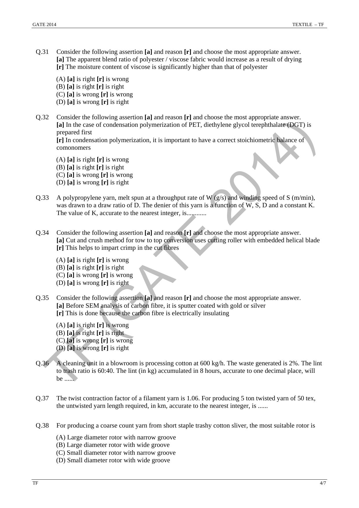 GATE 2014 Textile Engineering and Fibre Science (TF) Question Paper with Answer Key - Page 10