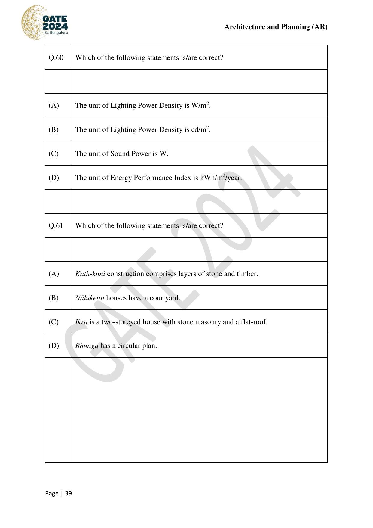GATE 2024 Architecture and Planning (AR) Question Paper - Page 39