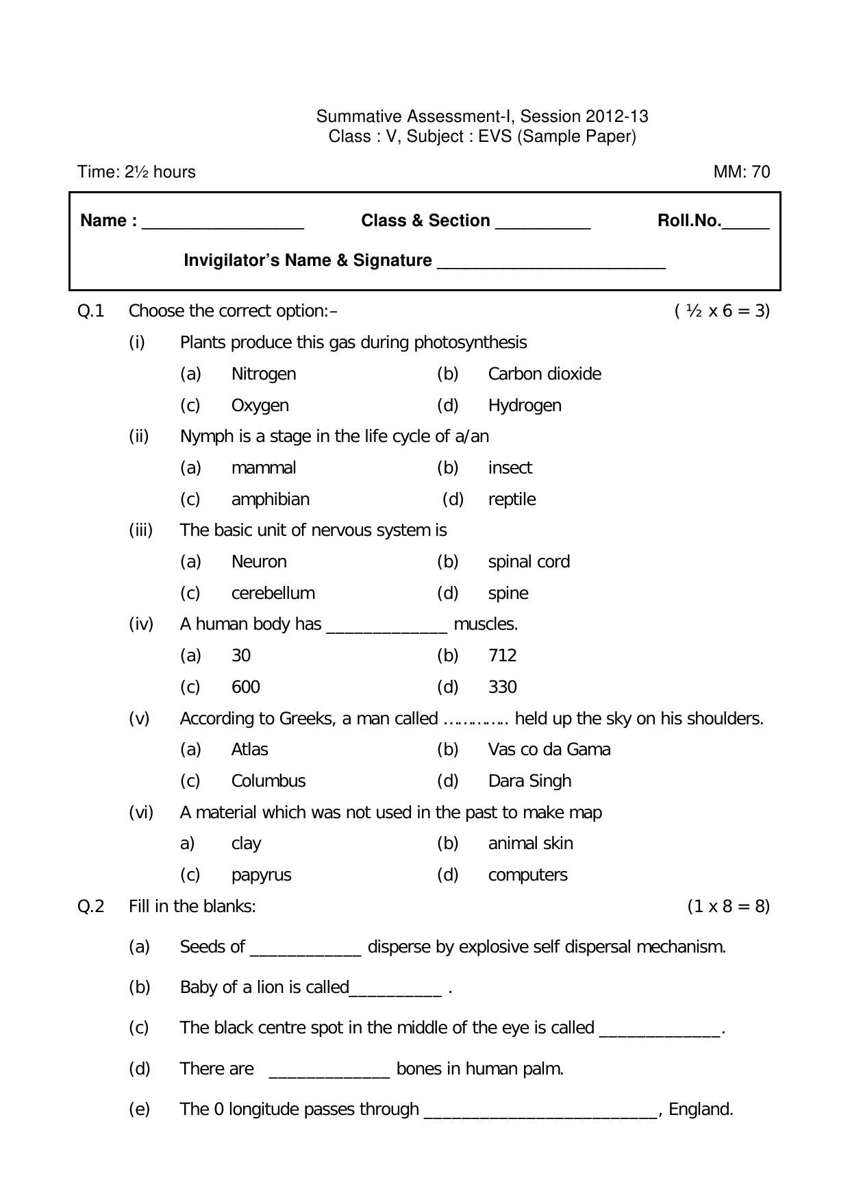 Worksheet for Class 5 Environmental Studies Assignment 2 - Page 1