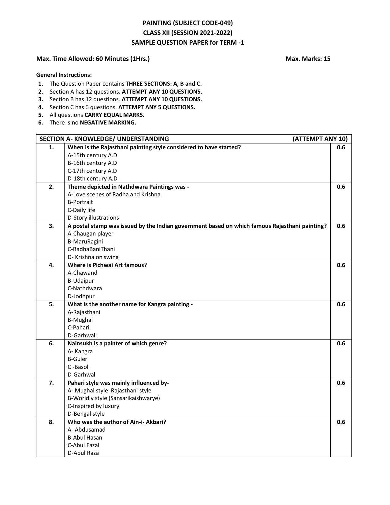 CBSE Class 12th Painting Sample Question Paper 2021-22 - Page 1
