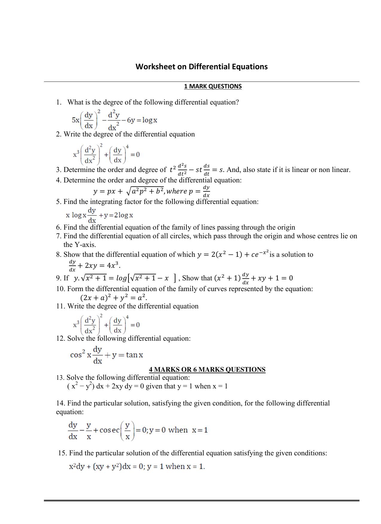 CBSE Class 12 Differential Equations Assignment 02 - Page 1