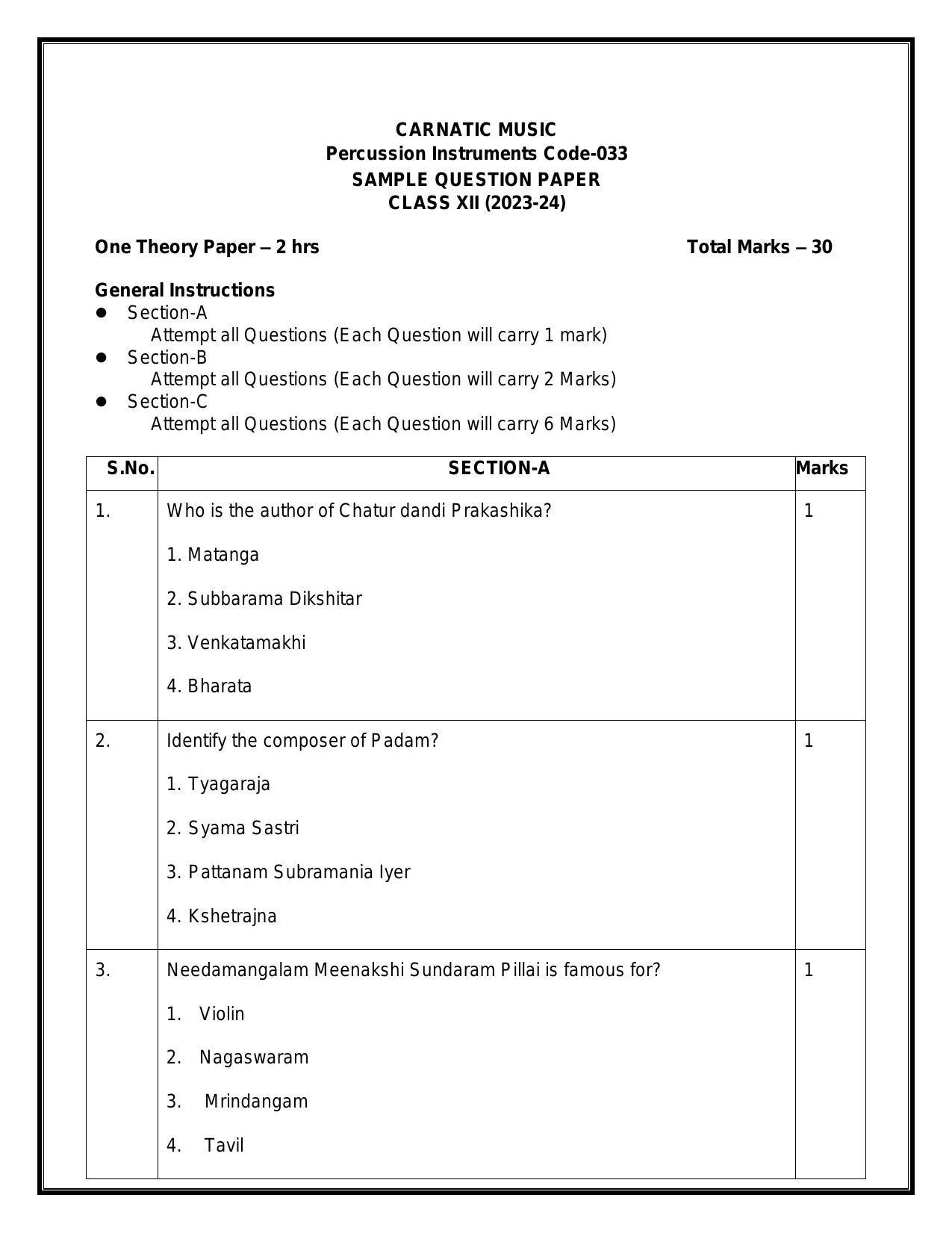 CBSE Class 12 Carnatic Percussion Sample Paper 2024 - Page 1