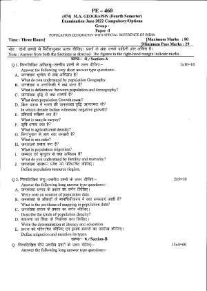 Bilaspur University Question Paper June 2022:M.A.Geography (Fourth Semester) Population Geography With Special Reference Of India Paper 1