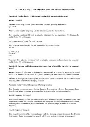 BITSAT Shift 2 (23 May, 2023) Question Paper 2023 Question Paper