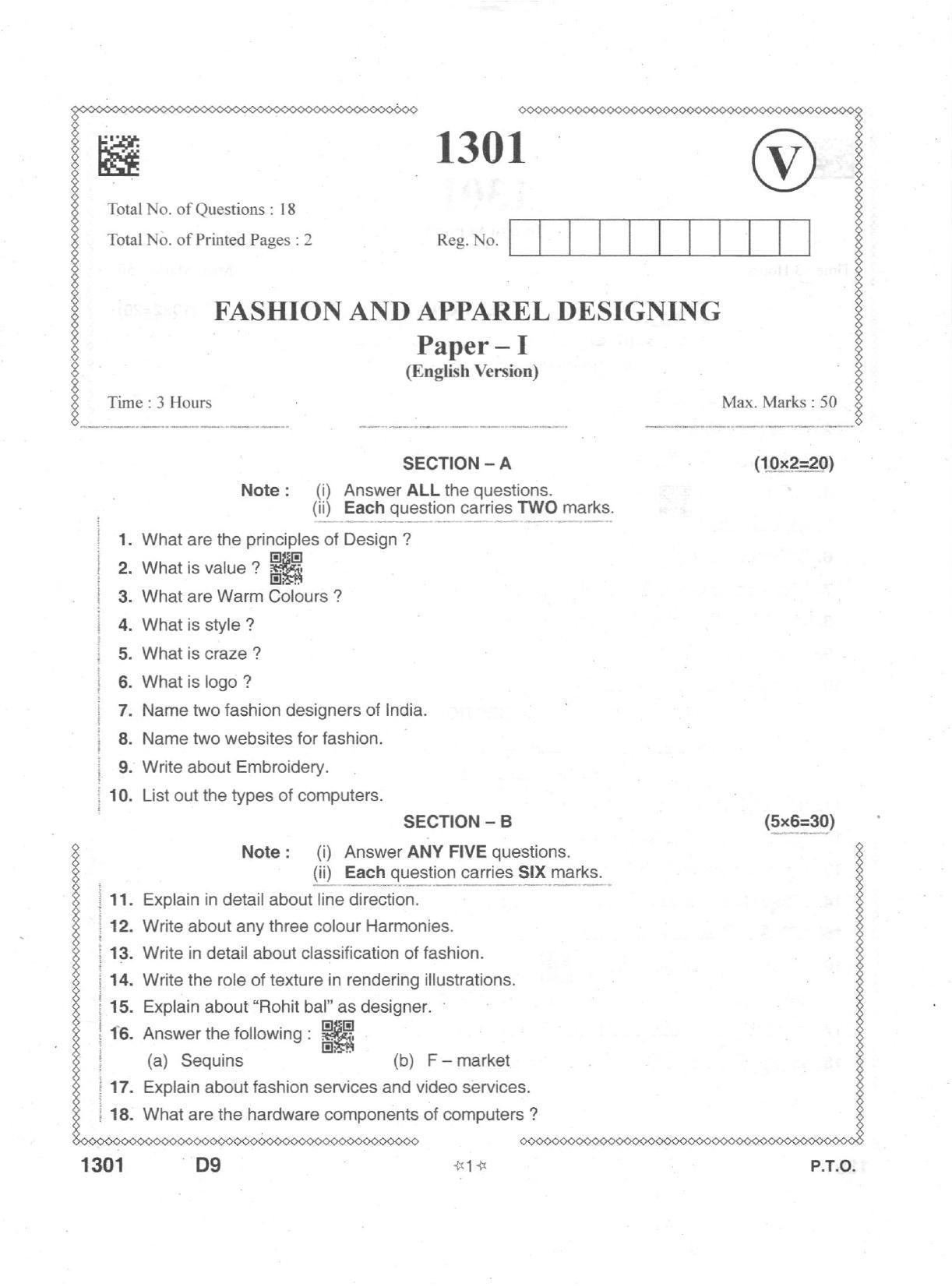 AP Intermediate 2nd Year Vocational Question Paper September-2021- Fashion_and_Apparel_Designing-I - Page 1