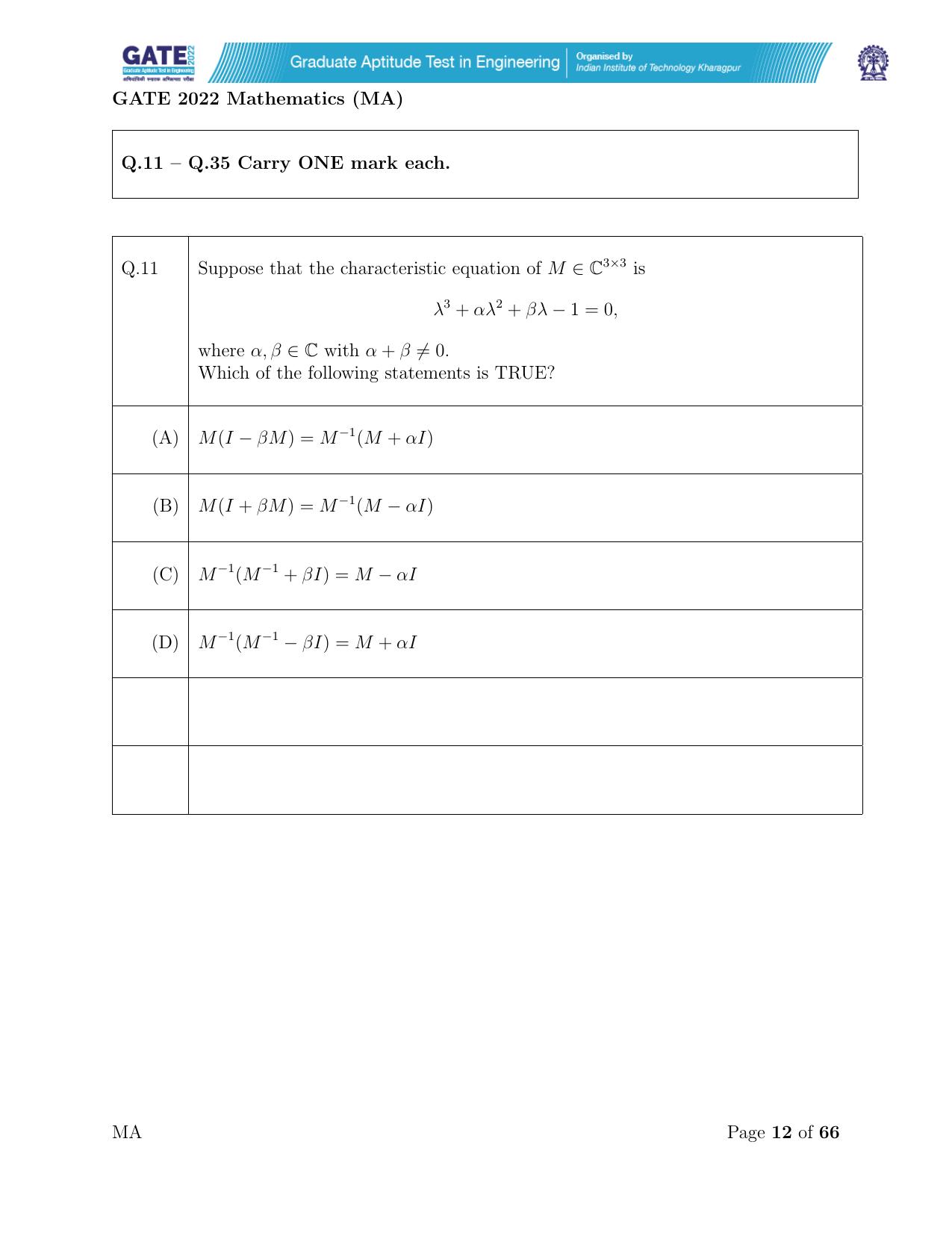 GATE 2022 Mathematics (MA) Question Paper - Page 12