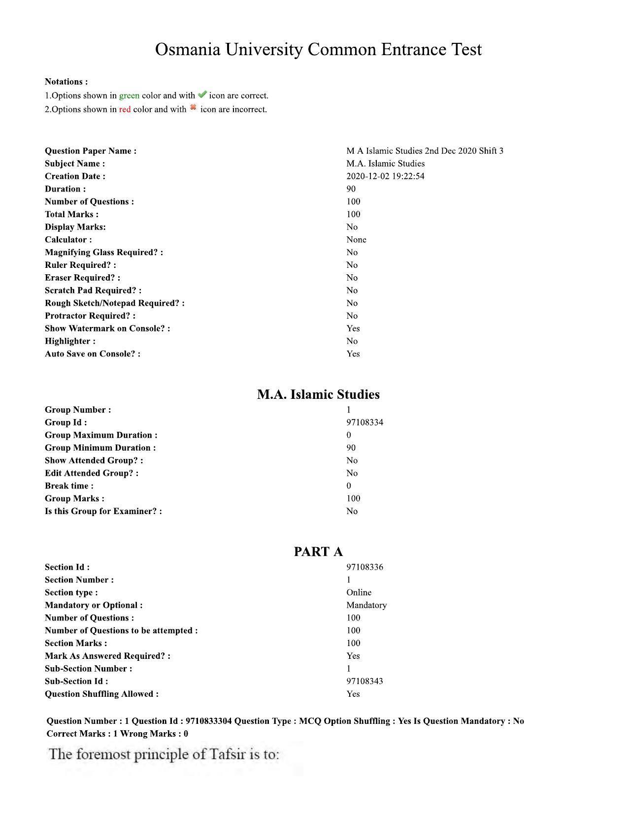 TS CPGET 2020 M.A. Islamic Studies (Shift 2) Question Paper with Answer Key - Page 1