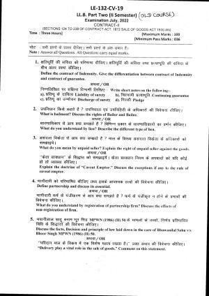 Bilaspur University Question Paper July 2022:LL.B. Part Two (II SEM.) Contract-II (Sections 124 To 238 Of Contract Act,1872 sale Of Goods Act 1930 And Partn Act,1932 Paper 1