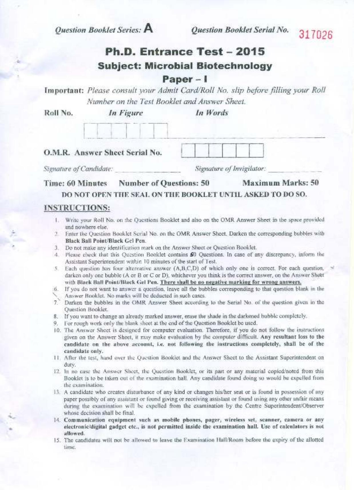 PU MPET Microbial Biotechnology 2015 Question Paper - Page 1