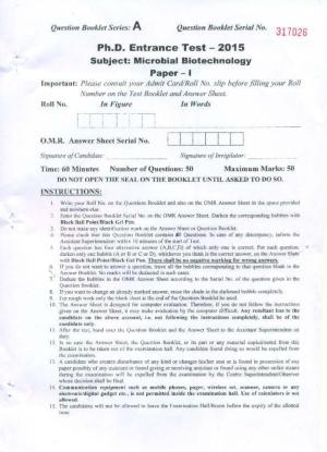 PU MPET Microbial Biotechnology 2015 Question Paper