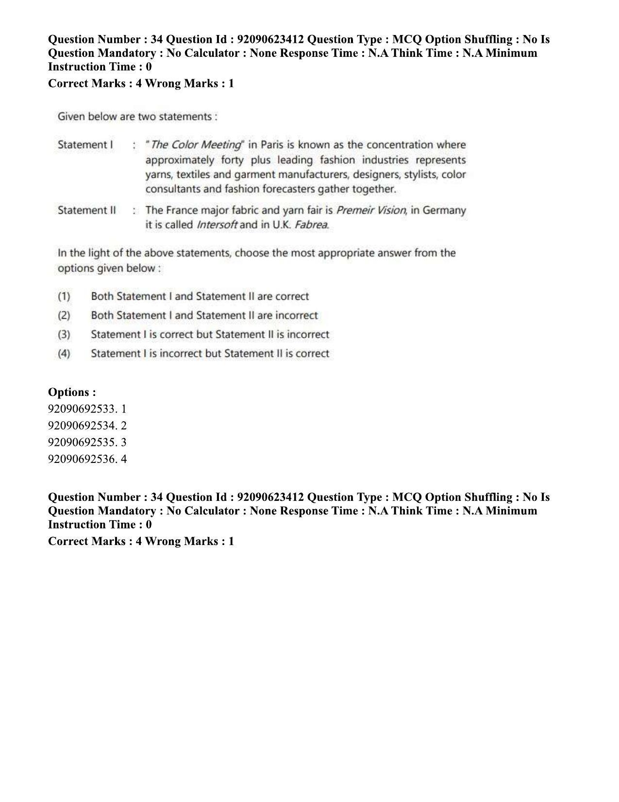 CUET PG 2023: HUQP23 – Textile Design Eng - Shift 2 (24-06-2023) Question Paper - Page 34