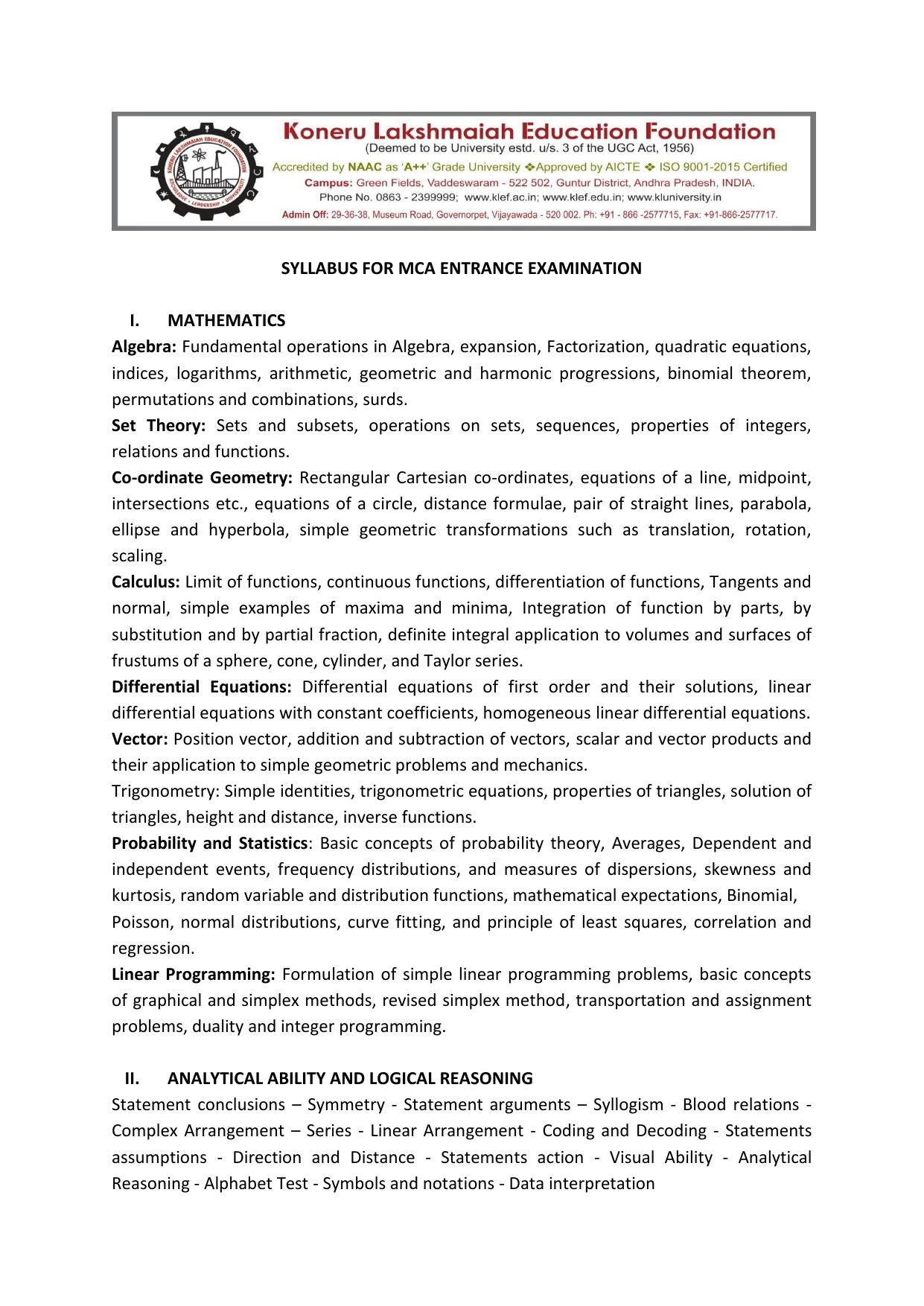 KLEEE MCA Syllabus - Page 1