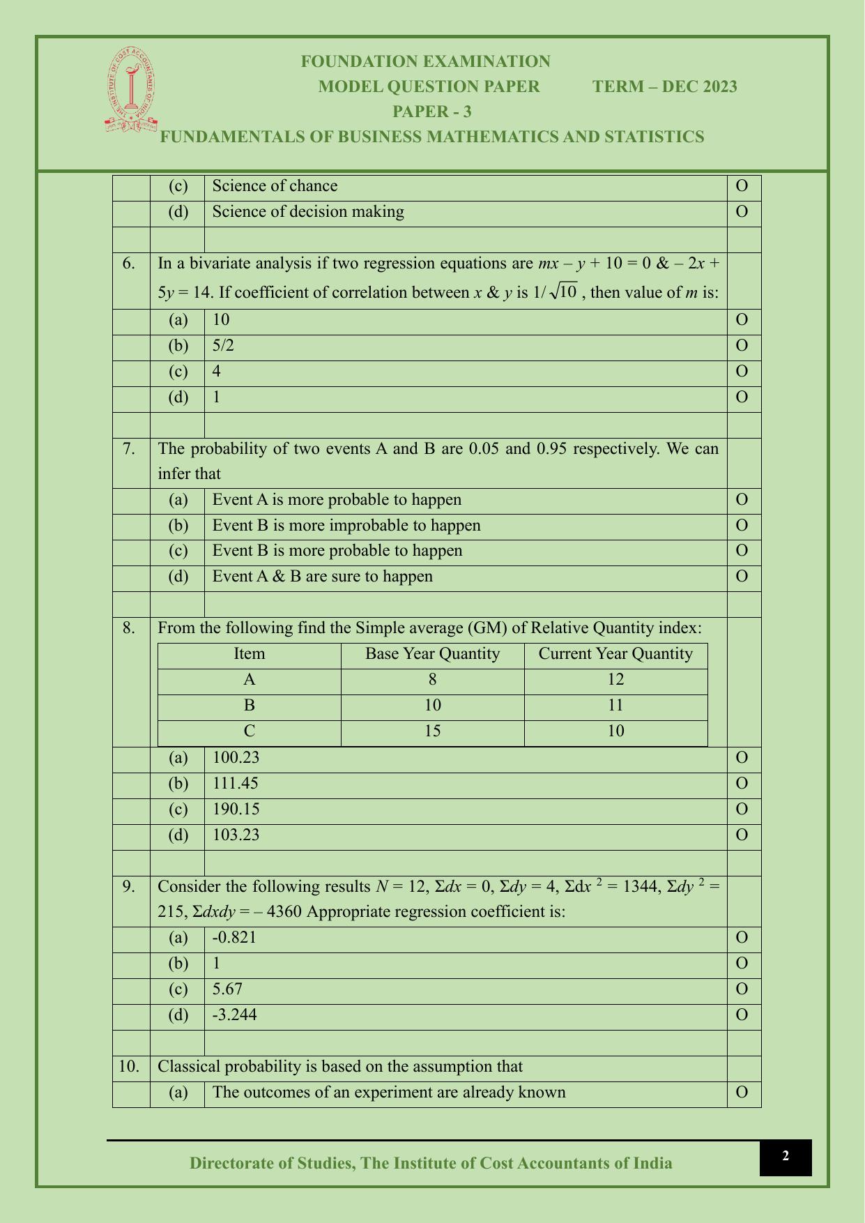 ICMAI Dec 2023 - Paper 3 – FUNDAMENTALS OF BUSINESS MATHEMATICS AND STATISTICS - Page 2