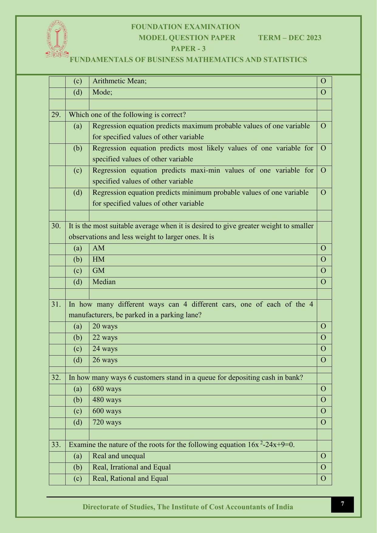 ICMAI Dec 2023 - Paper 3 – FUNDAMENTALS OF BUSINESS MATHEMATICS AND STATISTICS - Page 7