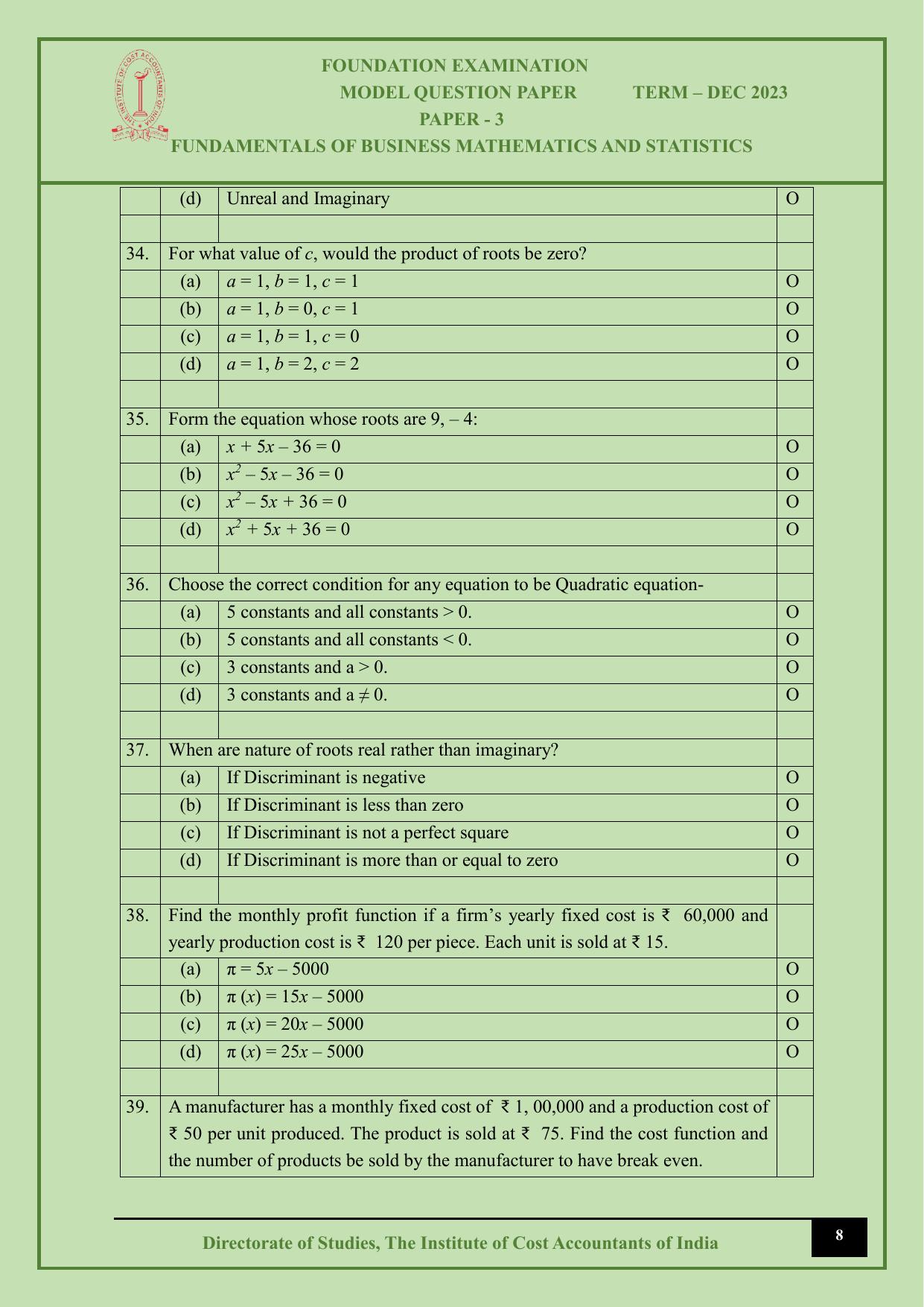 ICMAI Dec 2023 - Paper 3 – FUNDAMENTALS OF BUSINESS MATHEMATICS AND STATISTICS - Page 8