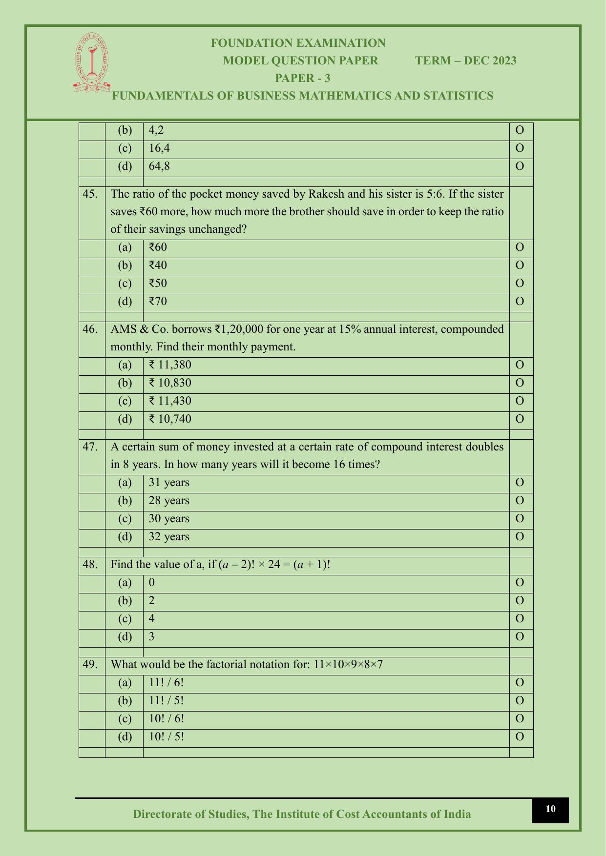 ICMAI Dec 2023 - Paper 3 – FUNDAMENTALS OF BUSINESS MATHEMATICS AND STATISTICS - Page 10