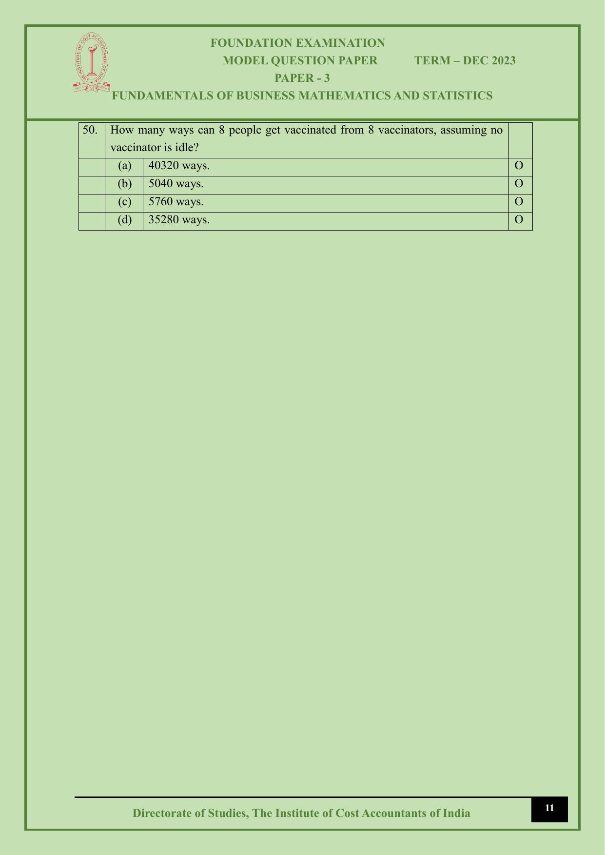 ICMAI Dec 2023 - Paper 3 – FUNDAMENTALS OF BUSINESS MATHEMATICS AND STATISTICS - Page 11