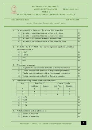 ICMAI Dec 2023 - Paper 3 – FUNDAMENTALS OF BUSINESS MATHEMATICS AND STATISTICS