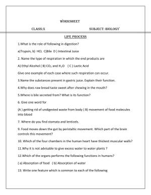 CBSE Worksheets for Class 10 Biology Life Process Assignment 1