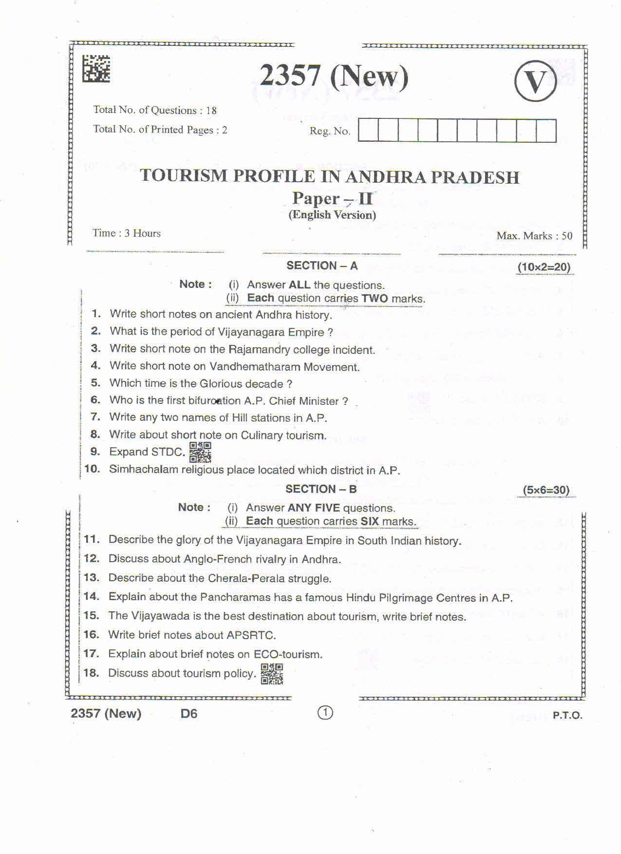 AP Intermediate 2nd Year Vocational Question Paper September-2021 - Tourism_Profile_in_AndhraPradesh-II - Page 1