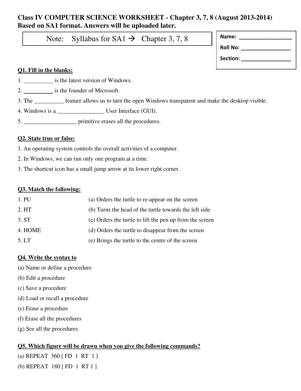 Worksheet for Class 4 Computers Assignment 10 - Page 1