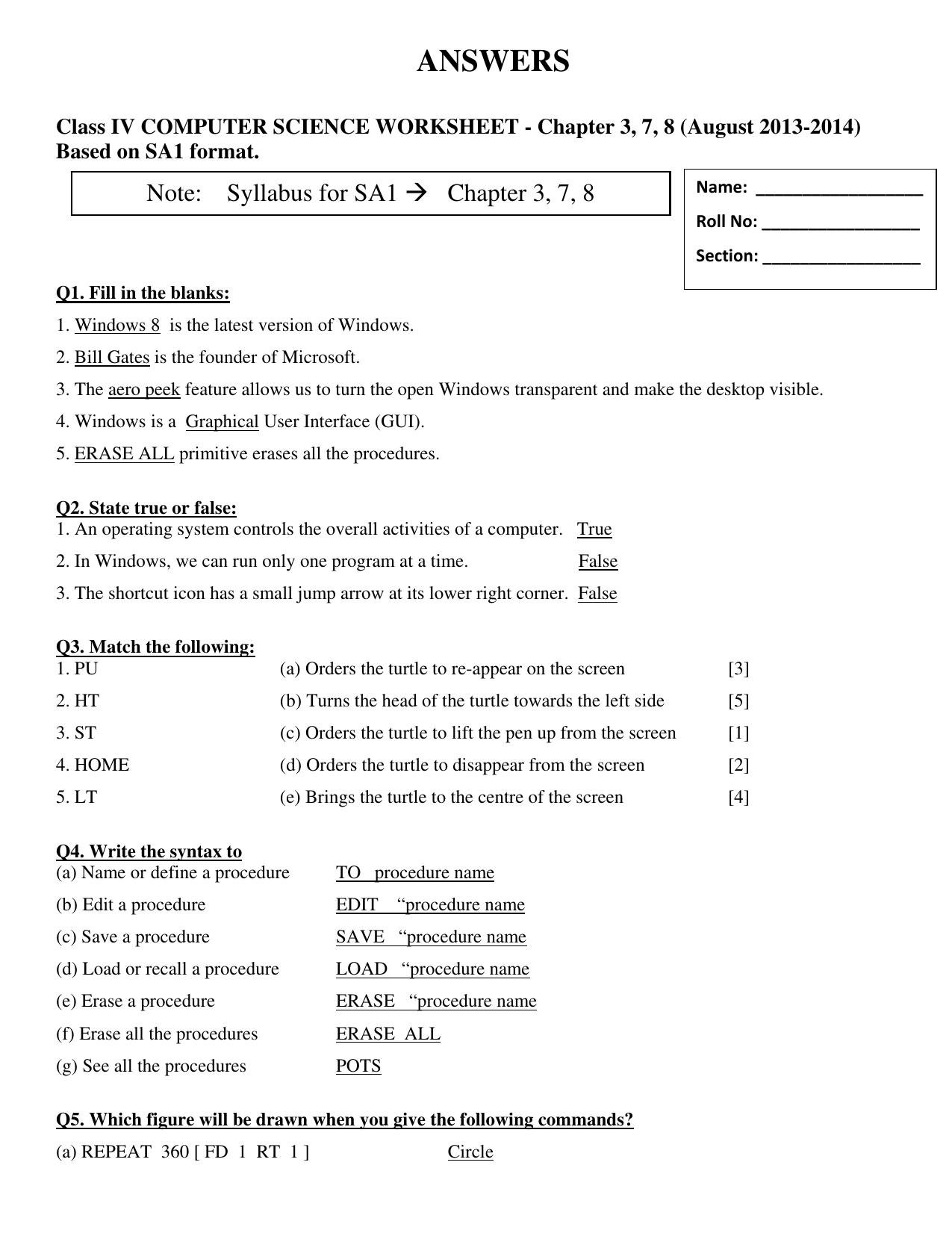 Worksheet for Class 4 Computers Assignment 10 - Page 5