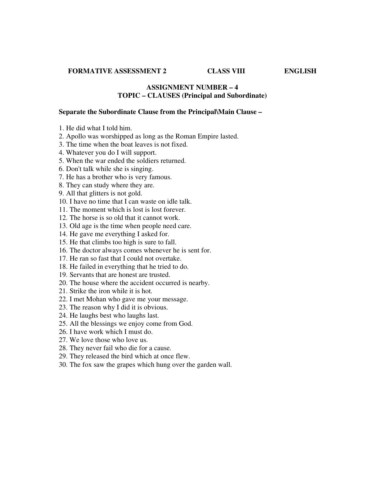 CBSE Worksheets for Class 8 English Assignment 28 - Page 1