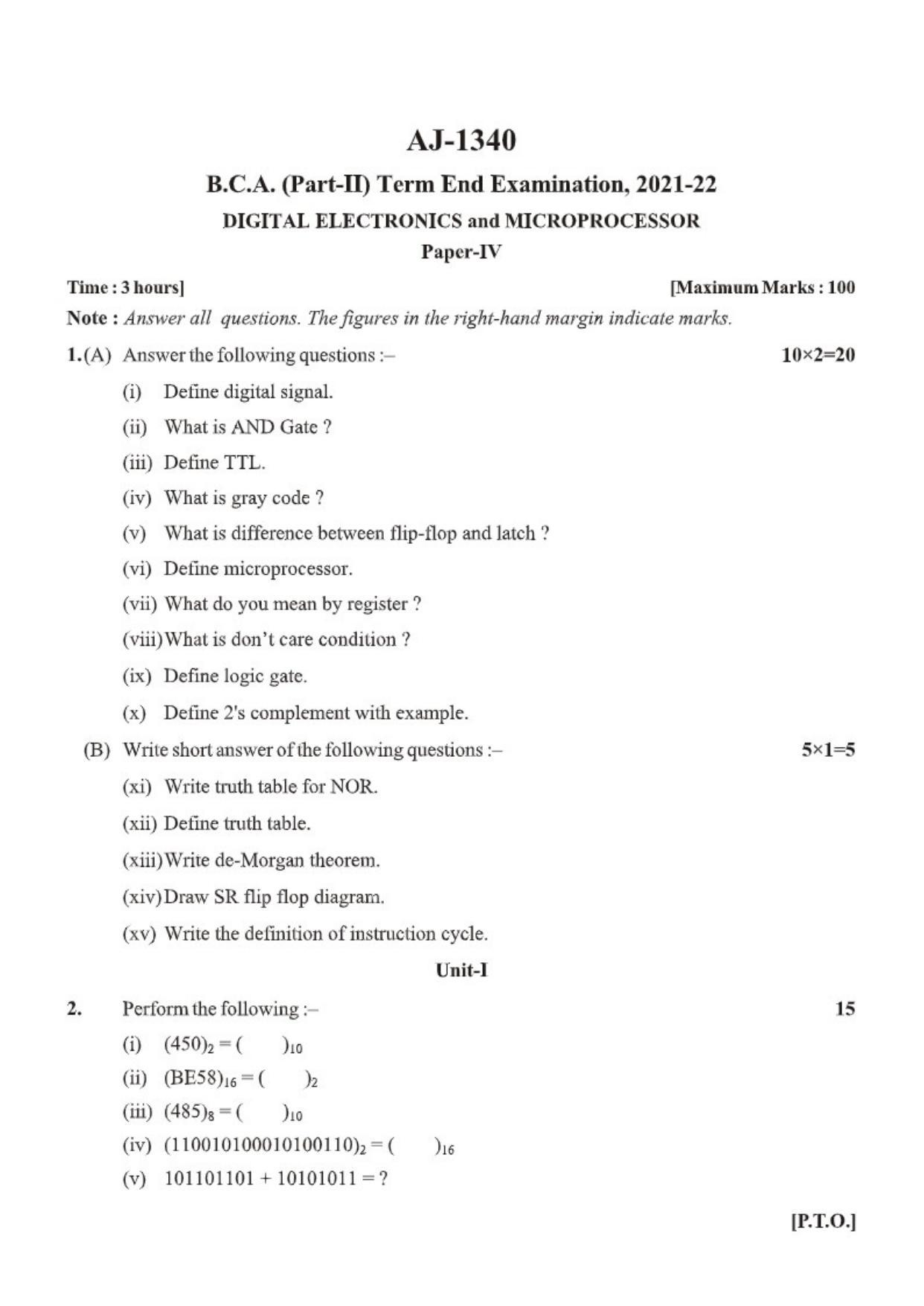 Bilaspur University Question Paper 2021-2022: B.C.A. Part-II (Two) (New Course) Digital Electronics And Microprocessor Paper 1 - Page 1