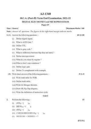 Bilaspur University Question Paper 2021-2022: B.C.A. Part-II (Two) (New Course) Digital Electronics And Microprocessor Paper 1