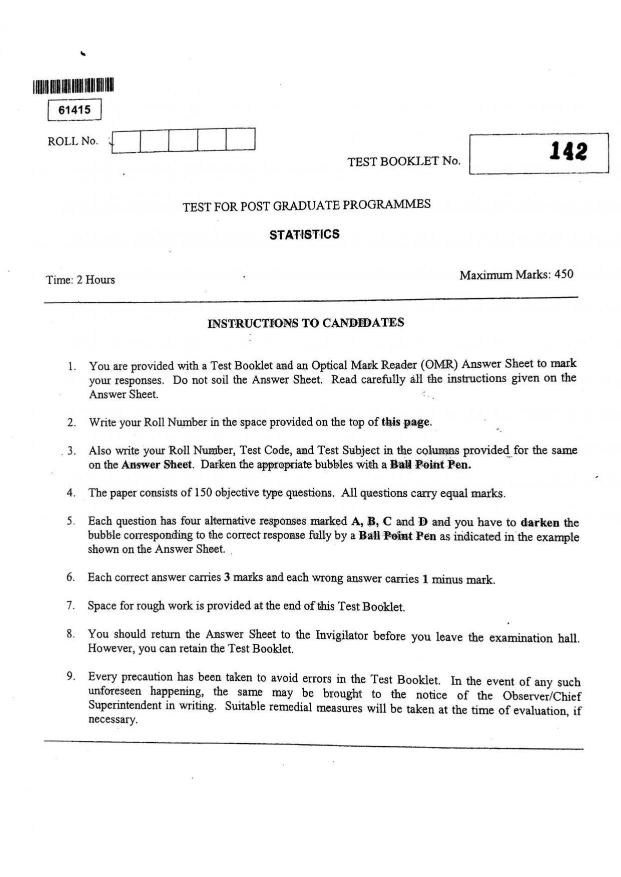 CUSAT CAT 2015 Statistics Question Paper - Page 1